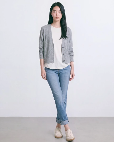 On-model product photo: open grey cardigan, full length