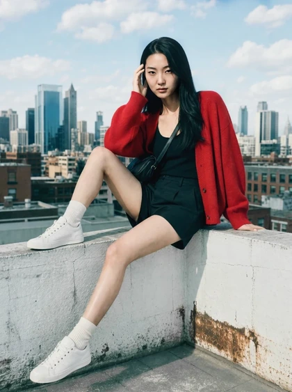 On-model editorial photo on a rooftop overlooking the city